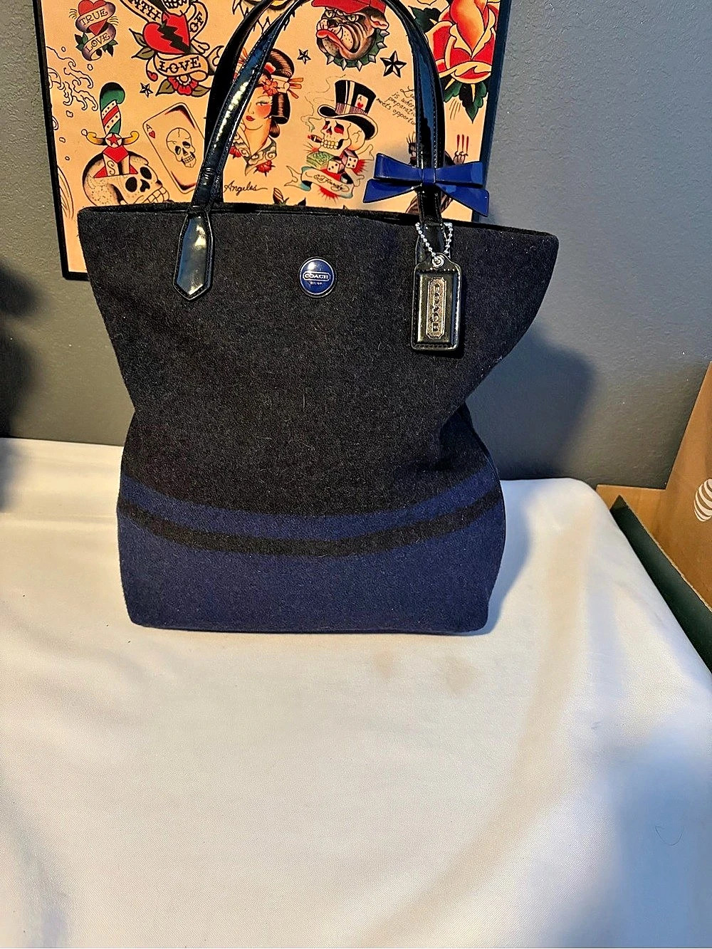 Coach Signature Stripe Wool North/South Tote 24665 in EUC